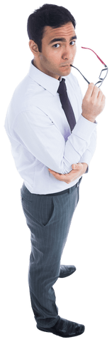 Thoughtful Biracial Businessman with Glasses on Transparent Background