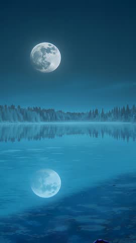 Shining full moon reflecting on calm lake with misty forest shoreline | Vertical video