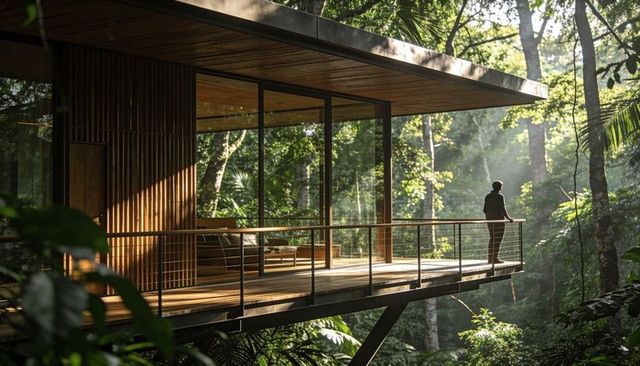Cantilevered glass house overlooking sunlit tropical rainforest, elevated modern retreat