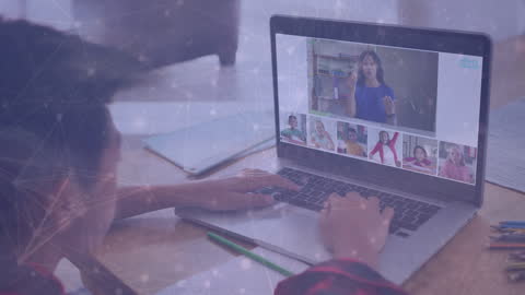 Animated Network Overlay Asian Boy in Online Lesson