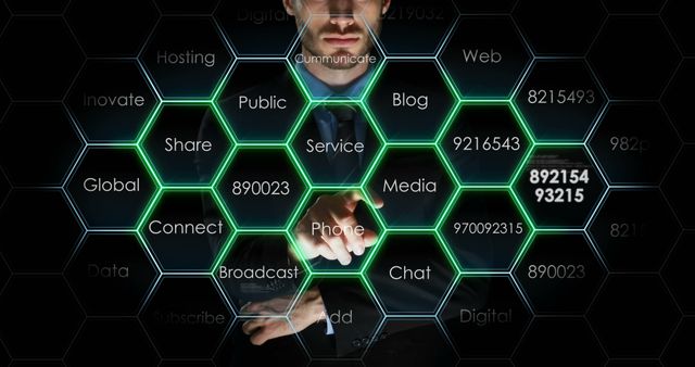 A Caucasian businessman interacts with a futuristic interface, touching a hexagonal element labeled 'Phone', with copy space. His engagement with the digital touch screen suggests a concept of connectivity and advanced communication technology in a corporate setting.