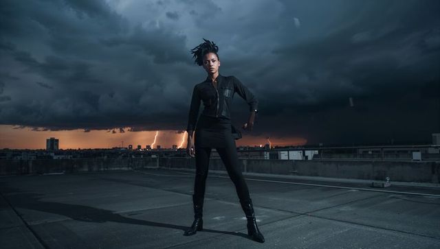 Standing on rooftop at dusk posing against stormy skyline with lightning and attitude