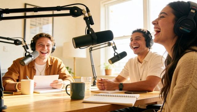Three hosts recording lively podcast in sunlit home studio, laughing and collaborating