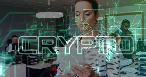 Mid adult woman engaging with blockchain technology in office