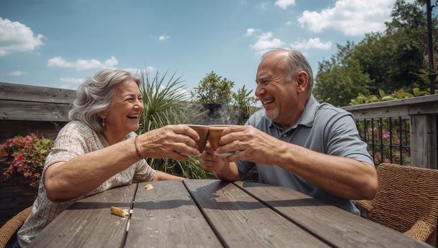 Senior couple clinking mugs laughing on sunny backyard deck with plants and companionship