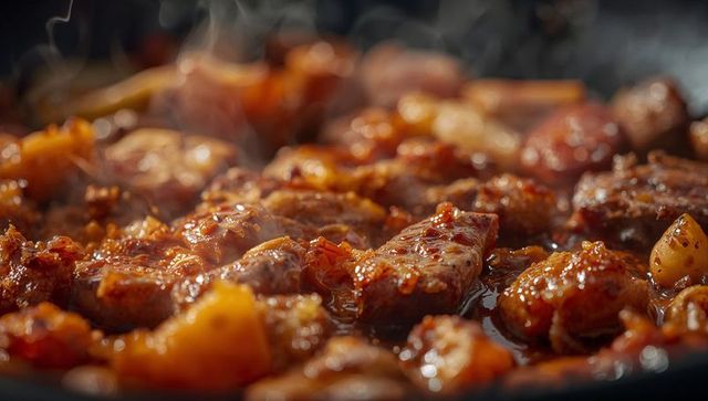 Simmering braised beef and potatoes in spicy glazed sauce, closeup steam chili flakes