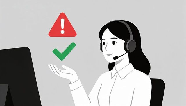 Customer support agent presenting solutions with green check and red alert icons