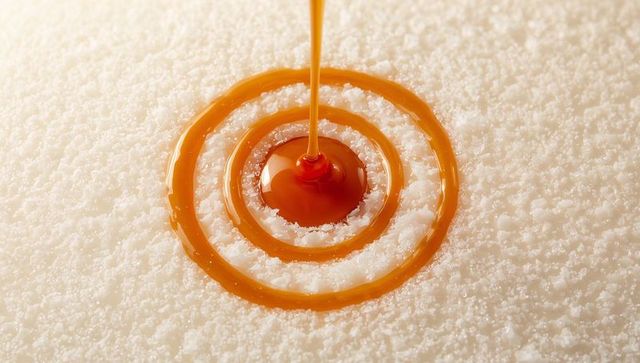 Pouring caramel glaze forming glossy concentric rings and dome on sugar crystals