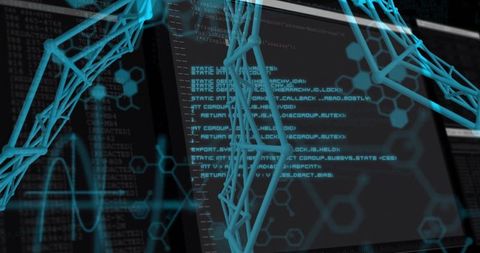 Futuristic 3D Mesh over Overlaid Source Code in Cybersecurity Theme