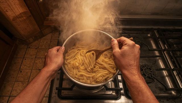 Cooking pasta in rustic kitchen with wooden spoon