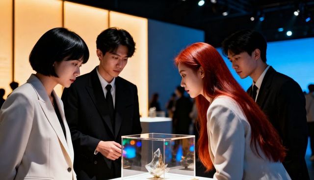 Young professionals inspecting gold sculpture in modern gallery exhibit