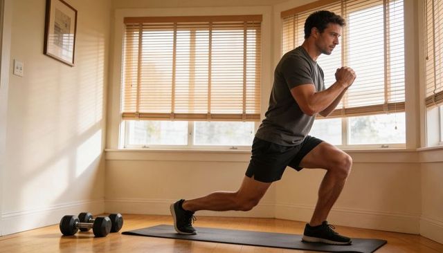 Man performing forward lunge at home workout with dumbbells on mat in sunlit room