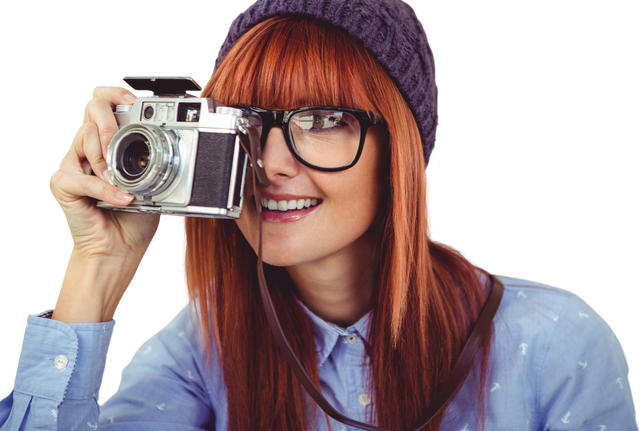 Smiling Woman with Red Hair Using Retro Camera, Transparent Background - Download Free Stock Videos Pikwizard.com