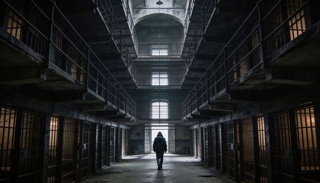 Hooded figure walking through abandoned prison cellblock toward backlit arched windows