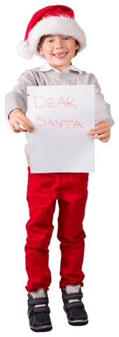 Happy Child in Santa Hat Holding Dear Santa Letter on Transparent Background