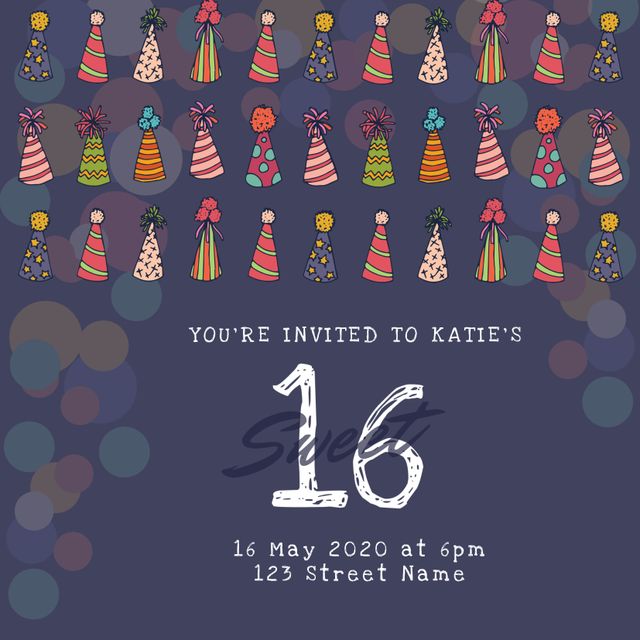 This vibrant Sweet Sixteen invitation template features an array of colorful party hats set against a dark whimsical background. Perfect for celebrating a teenage girl's milestone birthday. It includes customizable text elements for the celebrant's name, date, time, and location. Ideal for printing or electronic invitations, ensuring your event starts with a fun and bright invitation.