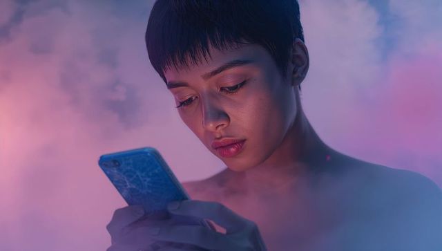 Focused asian woman using smartphone in dreamy haze