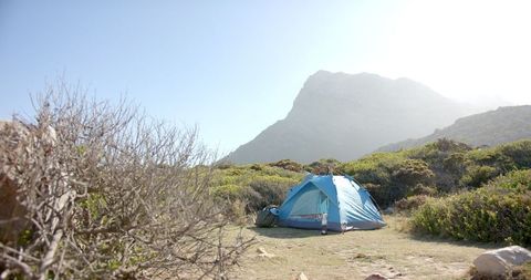 Blue Tent Camping with Mountain Background in Scenic Wilderness