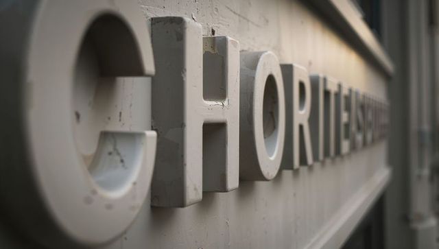 Weathered 3d exterior lettering showing paint chipping and mounting detail on facade