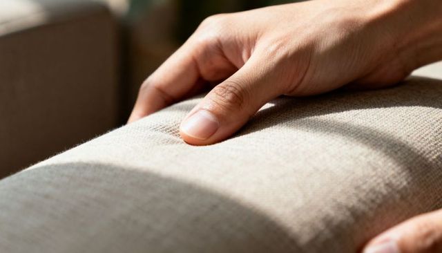Closeup hand pressing beige sofa armrest showing upholstery texture fabric weave daylight