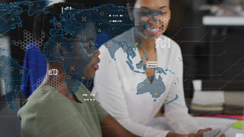 Animated World Map Overlay Discussing Business Strategy
