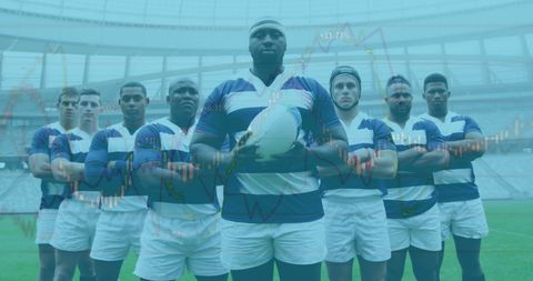 Rugby Team with Graphs Overlay Signifying Data Analysis in Sports