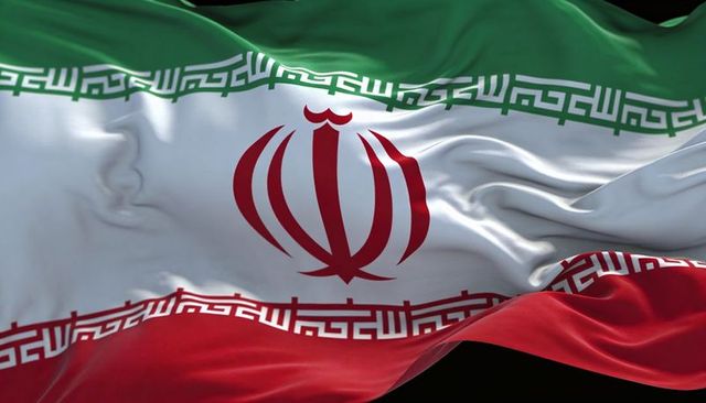 Waving iranian flag with red emblem and kufic border on tricolor silk for patriotic design