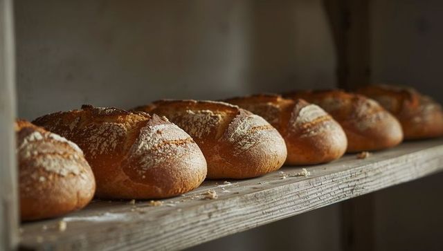 Artisanal Bread Loaves on Shelf in Rustic Bakery