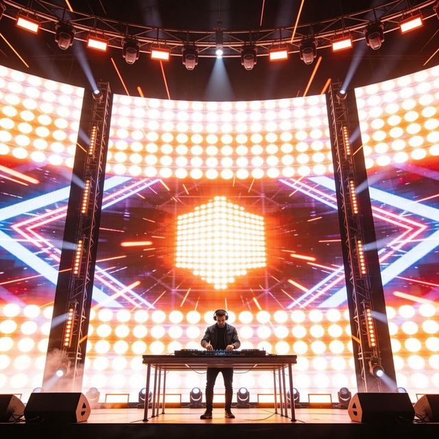 Edm dj mixing live on led hexagon backdrop with futuristic dynamic light show