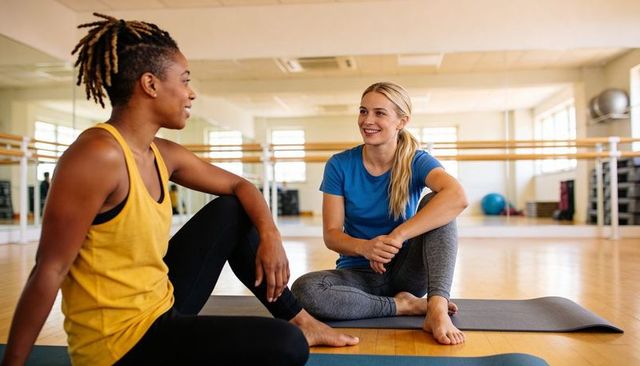 Two women chatting on yoga mats in bright fitness studio wearing yellow tank and blue tee