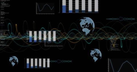 Pulsing data waveform across futuristic tech dashboard updating global analytics interface