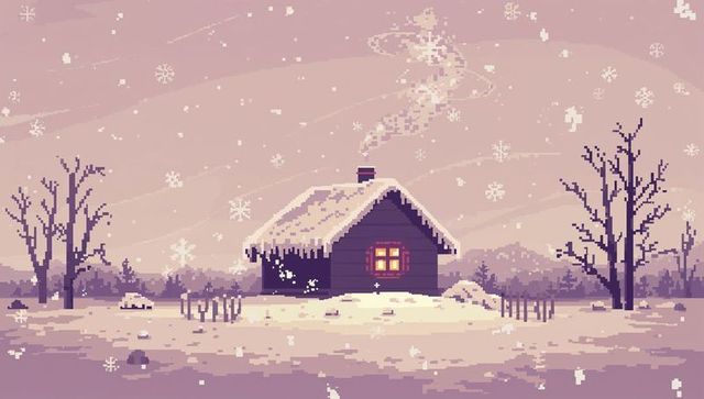 Cozy pixel art cabin emitting smoke in snowy field with glowing window