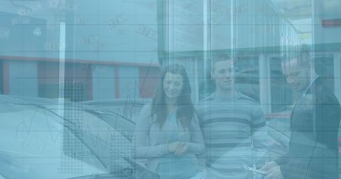 Financial Charts Overlaying Young Couple in Car Dealership