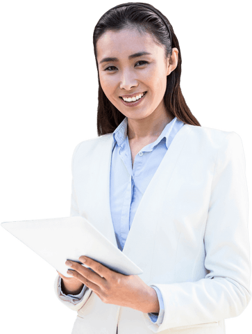 Transparent Professional Woman Smiling with Tablet Device