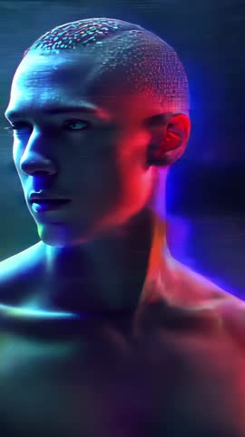 Glitching 3D Avatar Bust Splitting into Chromatic RGB Channels Vertical Neon Video