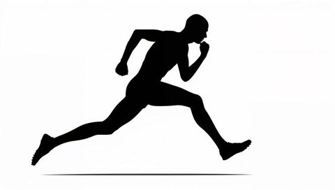 Leaping runner silhouette in dynamic sprint pose on white background with shadow