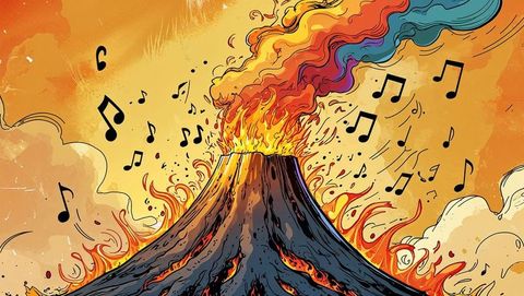 Surreal hell volcano erupting with musical notes and rainbow clouds