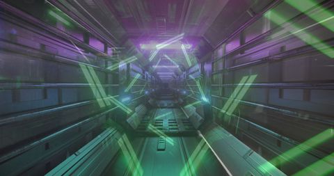 Futuristic digital tunnel with neon triangles and bright lights