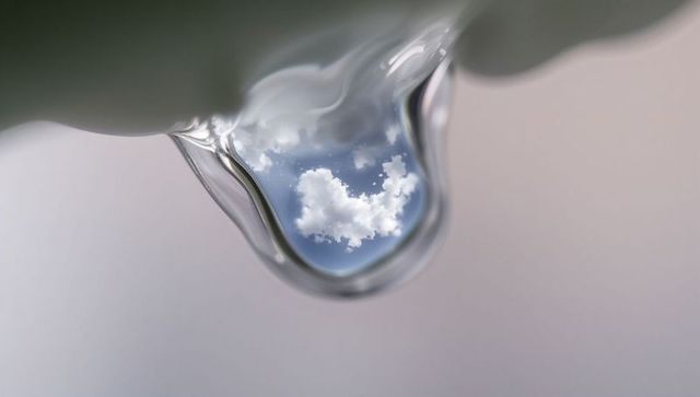 Macro water droplet reflecting blue sky and clouds on green petal, soft bokeh pastel