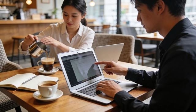 Colleagues collaborating over laptops and coffee, pouring milk, pointing at screen in cafe