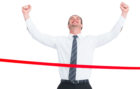 Transparent triumphant businessman winning race clean