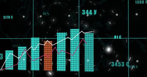 Neon analytics displaying clustered bar chart with cyan bars, orange accent, trend lines