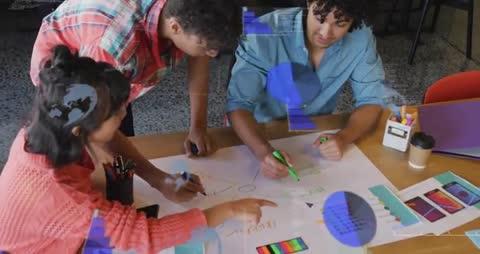 Team collaborating on UX sketches, color palette planning and brainstorming with digital overlays