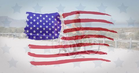 American Flag Overlaid on Couple Biking at Beachside