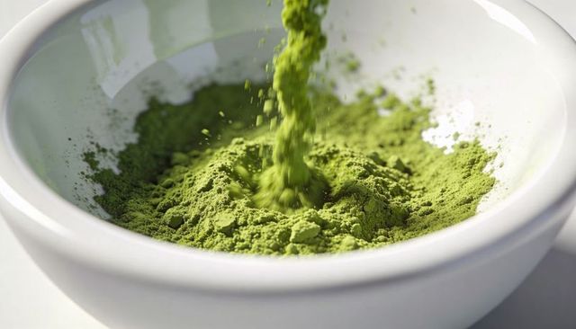 Pouring bright matcha powder into glossy white ceramic bowl, close-up motion dust