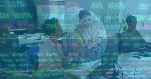 Women Collaborating on Financial Data, Analyzing Stock Ticker and Global Analytics Overlay