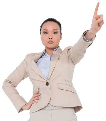 Asian Businesswoman Confidently Pointing on Transparent Background