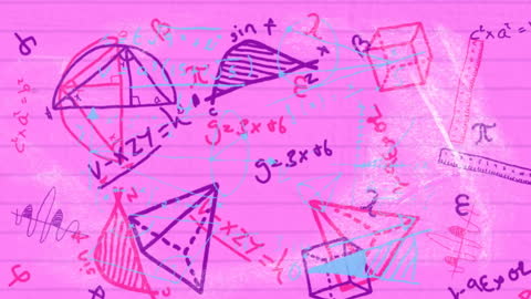 Colorful Mathematical Equations and Geometric Shapes on Pink Background