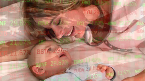 Mother and Baby with Financial Data Overlay Reflecting Modern Parenthood