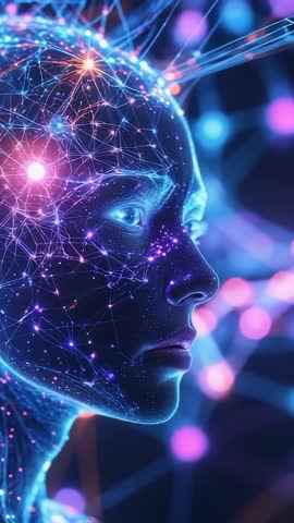 Futuristic AI Head Pulsing Neural Network, Glowing Nodes and Filaments, Vertical Video